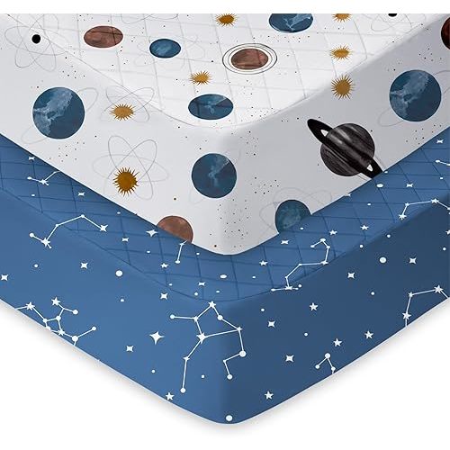 Light Quilted Crib Sheets 2 Pack, Soft Fitted Sheets for Standard Crib and Toddler Mattresses, Space Print