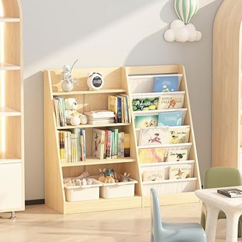 NACHES Montessori Kid Bookshelf Toddler Bookcase Cabinet Children Book Rack Display Toy Storage Organizer 4 Tier 5 Sling Deep Sleeves Classroom Bedroom Nursery Playroom Wood (Burlywood)