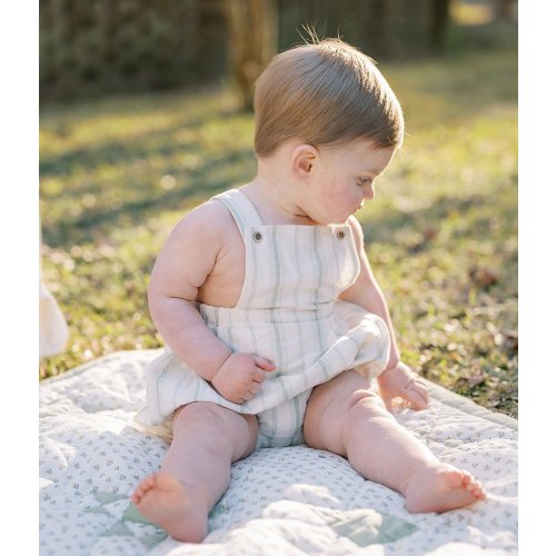 Edgehill Collection x Kristin Ellen Hockman Baby Boys Newborn-24 Months Hugo Green Stripe Linen Sunsuit Bubble