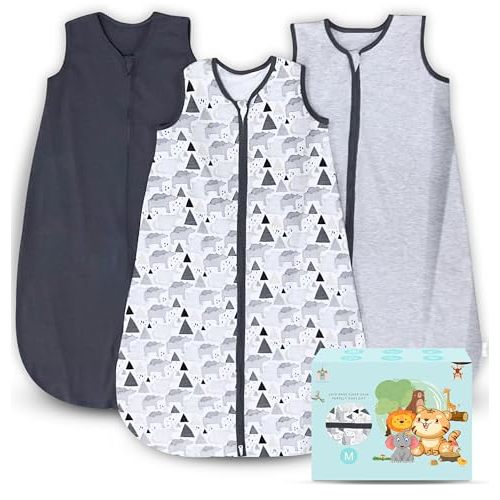Cute Castle Baby Sleep Sack 6-12 Months - Lightweight 100% Cotton 2-Way Zipper TOG 0.5 Infant Wearable Blanket, Newborn Essentials Toddler Sleep Clothes, 3 Pack(Dark gray, Light gray, Bear)