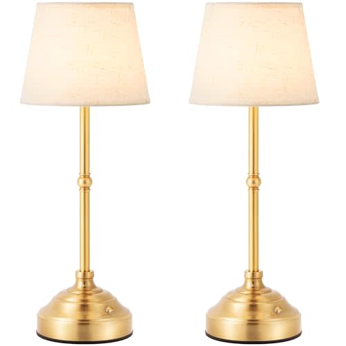 keysays 2 Pack Cordless Table Lamp, Rechargeable Desk Lamp with Fabric Shade, Battery Operated Lamp 3 Color Stepless Dimming, Small Touch Bedside Lamp Home Decor for Dining, Counter (Brushed Gold)