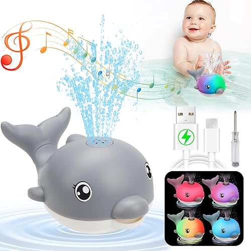 Bath Toys, Light Up Dolphin Baby Bath Toys for Babies 6-12 12-18 Months, Rechargeable Sprinkler Musical Toys, Easter Basket Stuffers Bathtub Toys for Toddlers 1-3 2-4 Boys Girls Infant Kids- Grey