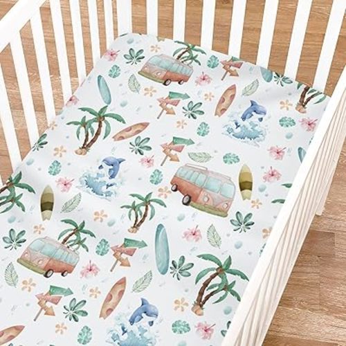 Boho Surfing Summer Beach Fitted Crib Sheets for Boy Girl 52"x28" Coconut Tree Surfboard Bus Tropical Floral Leaves Wave Soft Baby Bed Sheet Fits Standard Crib and Toddler Mattress