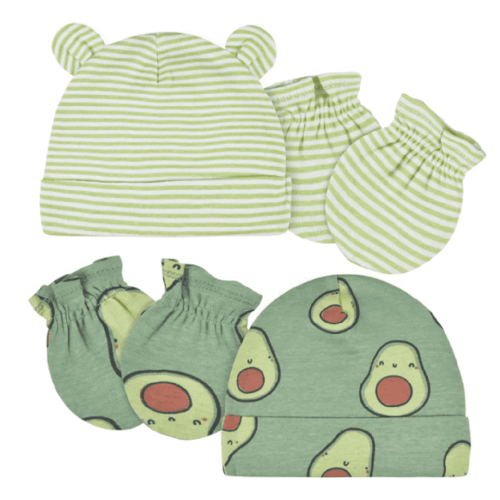 Gerber Baby Boys' Avocado Caps & No-Scratch Mittens Set, Green, 0-6M, 4-Piece