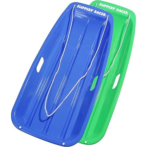 Slippery Racer Downhill Sprinter Flexible Kids Toddler Plastic Cold-Resistant Toboggan Snow Sled with Pull Rope and Handles -35 Inch (Green/Blue, 2)