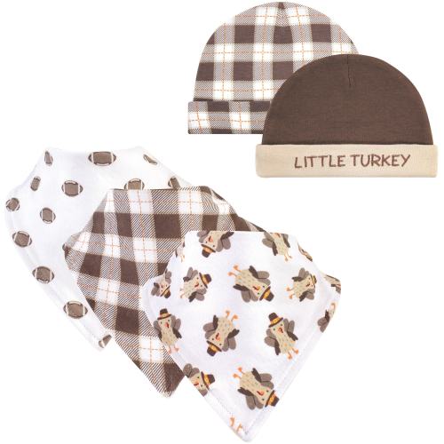 Hudson Baby Infant Boy Cotton Bib and Caps Set 5pk, Boy Turkey, One Size - Boy Turkey - One Size