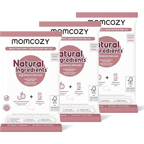 Momcozy Breast Pump Wipes for Parts Cleaning On-The-Go,Flash Clean,30 Count (3 Packs)