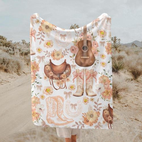 Coquette Cowgirl Blanket Cute Preppy Floral Vintage Western Cowgirl Baby Shower Gift Peach Cozy Throw Bow Dorm Room Decor Best Friend Gift