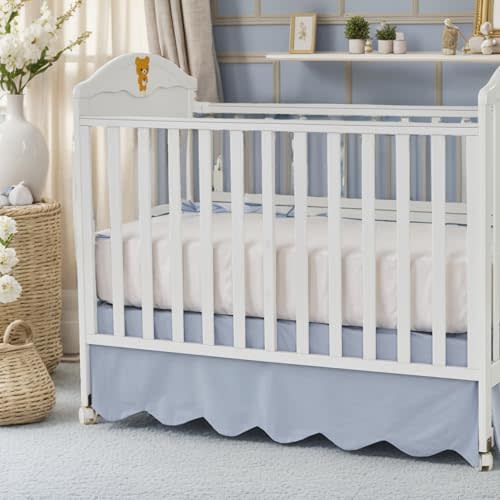 Brandream Scallop Edge Cotton Crib Skirt, Baby Boy Girl Gender Neutral Crib Skirt Toddler Bedskirt Farmhouse Chic Nursery Crib Bed Skirt, Boho Bohemian Solid Mist Blue