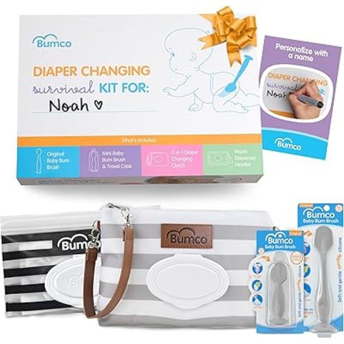 Baby Essentials Set - Personalized Diaper-Changing Baby Gift Set, Gender Neutral Baby Gift with 2 Baby Bum Brushes (Original & Mini) + Diaper Clutch Bag + Wipes Wristlet, Newborn Gift Set