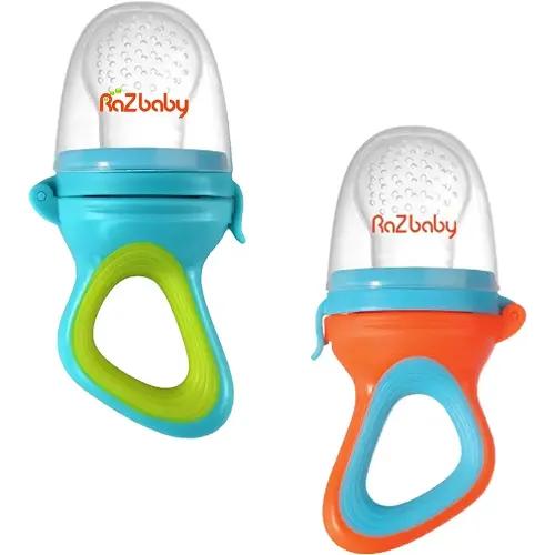 RaZbaby Baby Solids/Frozen Fruit Feeder Pacifier, Infant Teether Toy 6M+, BPA-Free Silicone Pouch & Nipple, Safely Introduce Solids, Teething Relief, Dishwasher Safe, 2-Pack – Orange/Blue + Green/Blue