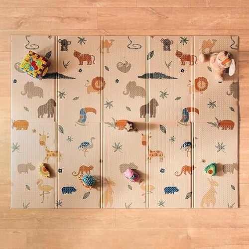 Nuby Reversible Baby Floor Mat, 77" x 58" - Foldable and Lightweight Baby Play Mat for Floor - Easy Storage and Travel - Safari
