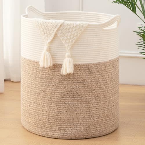 OIASKET Laundry Basket, 100L Large Laundry Hamper, Tall Woven Rope Storage Basket for Blanket Toys Pillows Towels, Baby Nursery Hamper Bin for Living Room, Bedroom (Brown & White)