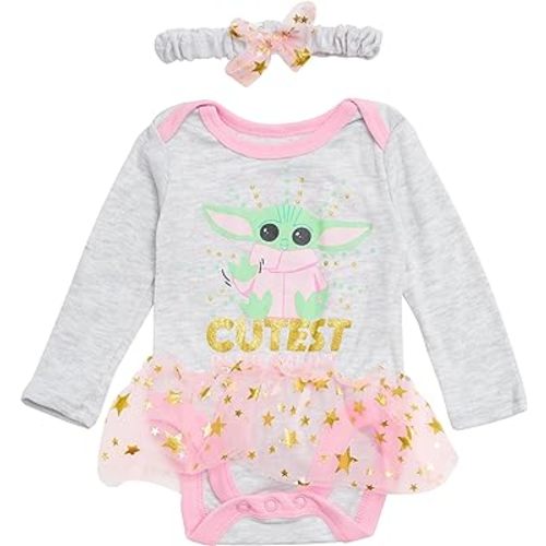 STAR WARS Baby Yoda Newborn Baby Girl Long Sleeve Bodysuit with Tutu and Headband