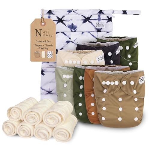 Nora's Nursery Cloth Diapers for Babies (Down to Earth) – 7 Adjustable Baby Reusable Diapers, 7 Inserts & 1 Wet Bag From Newborns to Toddlers – One-Size Pocket No-Leak, Washable Design to Reduce Waste