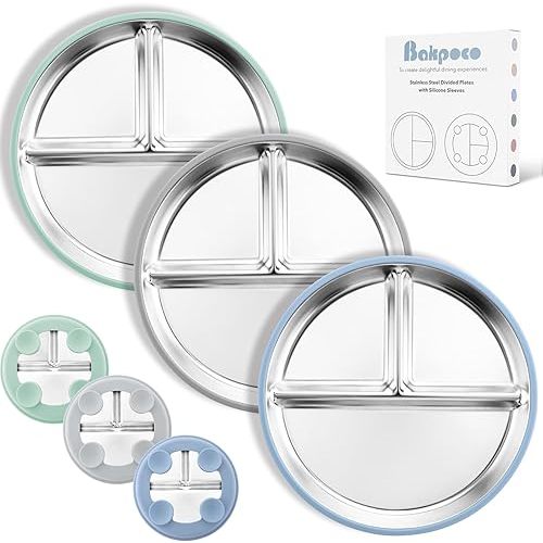Stainless Steel Suction Plates for Toddlers, 9" Divided Kids Baby Plates with Removable Silicone Suction, Non Toxic Non Slip Portion Control Snack Dishes 3 Packs, Blue Gray Sage