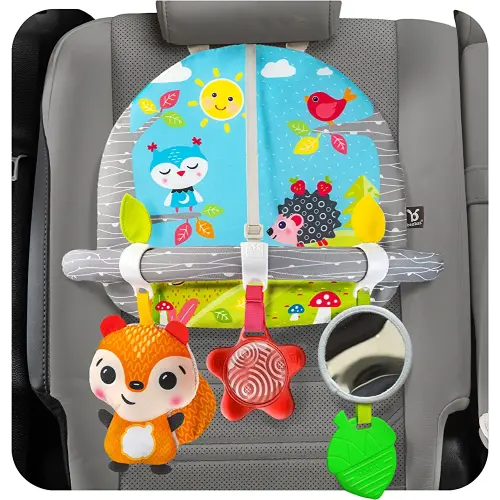 Car Seat Toys For Babies - Double Sided Rear Facing Carseat Toy With Baby Mirror For Infants Girls And Boys 0+ Month by BENBAT - Blue