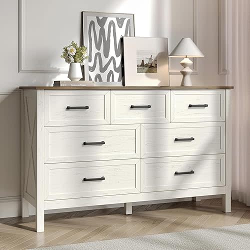Farmhouse 7 Drawers Dresser for Bedroom, Wood Rustic Wide Chest with Natural Texture, Wood Dressers for Bedroom, Hallway, Entryway, Antique White