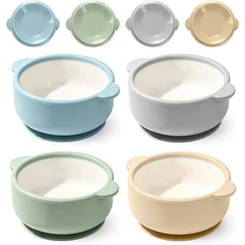 Baby Ceramic Bowls with Silicone Sleeves Suction | Divided Kids Porcelain Bowls | Microwave & Dishwasher Safe | Perfect for Baby-Led Weaning | Non Slip Dinnerware | Snack Dishes | 4 Pack