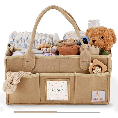 Babylicious Baby Diaper Caddy Organizer | Felt Changing Table Organizer - XL | Diaper Organizer for Changing Table | Name Card Included- Newborn Essentials Must Haves for Parents Tan