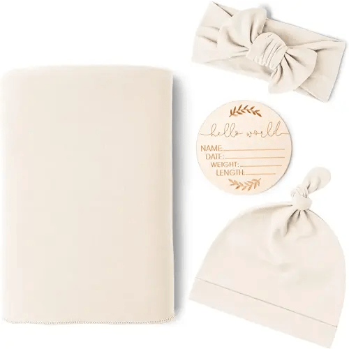 Konssy Baby Girl Newborn Receiving Blanket with Matching Headband and Beanie Set Baby Swaddle Nursery Swaddle Wrap(Beige)