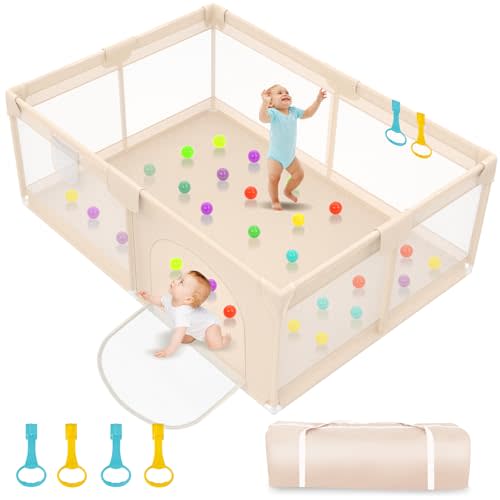 Abdtech Playpen for Babies and Toddlers 71x59inch - Extra Large Baby Gate Play Pen with Soft Breathable Mesh Cover - Indoor and Outdoor Baby Play Fence - Portable Playpen for Babies (Apricot)