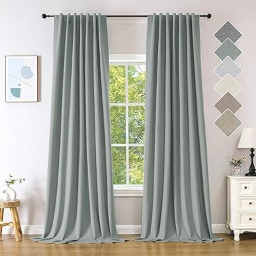 Novecozy Linen Texture 100% Blackout Curtains 90 inches Long for Bedroom Living Room Darkening Full Black Out Rod Pocket & Back Tab Thermal Insulated Home Decor Window Drapes，2 Panels Set，Grey Green