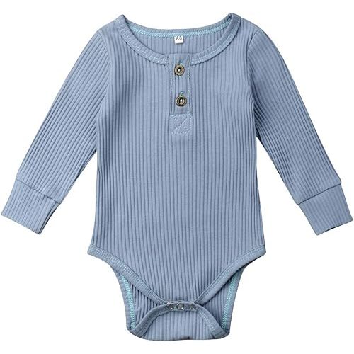 Seyurigaoka Newborn Unisex Baby Solid Bodysuit Basic Plain Rib Stitch Long Sleeve Romper Clothes for Infant Boy Girl