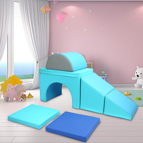 XJD Soft Play Climbing for Toddlers, 5 Piece Foam Baby Climbing Blocks for Toddlers, Single-Tunnel Climb and Crawl Activity Playset, Pink Blue
