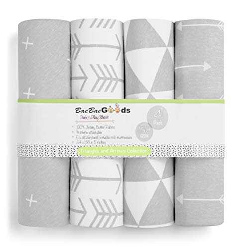 Pack n Play Sheets – Pack and Play Sheets 4 Pack – 100% Super Soft Jersey Knit Cotton Playard Mattress Sheets – Portable Playpen Sheet – Fitted Play Yard Mini Crib Sheets for Boy & Girl (24 x 38 x 5)