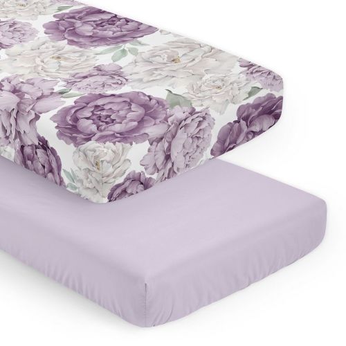 Sweet Jojo Designs Girl Fitted Crib Sheets Set Peony Floral Garden Purple Ivory And Green 2pc