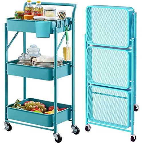 Foldable Utility Rolling Cart with Wheels No Assembly 3 Tier Metal Rolling Cart with Cup and Hooks Heavy Duty Mesh Storage Baskets Rack Folding Shelves for Kitchen,Office,Classroom, Bathroom(Teal)