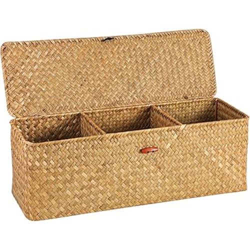 Wicker Shelf Baskets with Lid, Seagrass Basket for Storage Rectangular Woven Baskets Boxes 3-Section Home Decor Organizer (Natural Large)