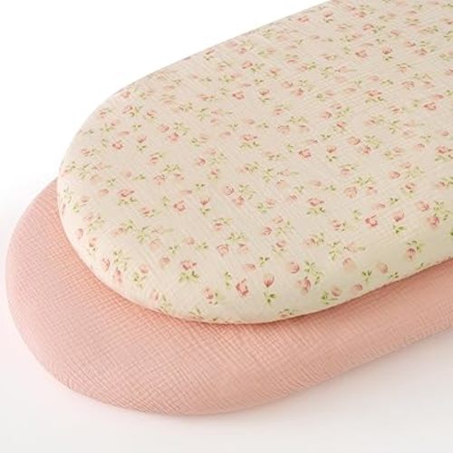 Muslin Bassinet Sheets 100% Cotton Neutral Baby Bassinet Cover for Boys Girls Unniversal Fitted for Rectangle Oval Hourglass Mattress/Pad 2 Pack Pink