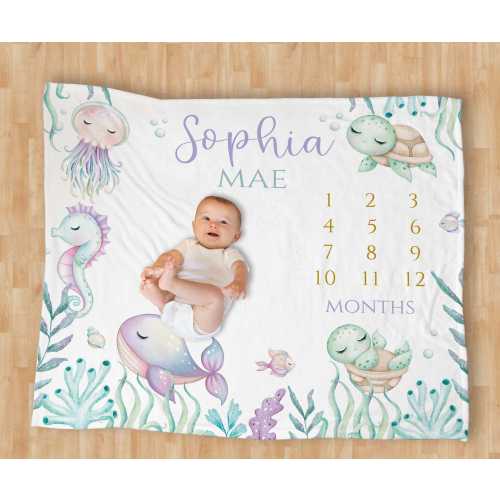 Under the Sea Milestone Baby Blanket/ Personalized Girl Baby Blanket, Purple and Teal, Girl Baby Shower Gift / Newborn Blanket for Photos294