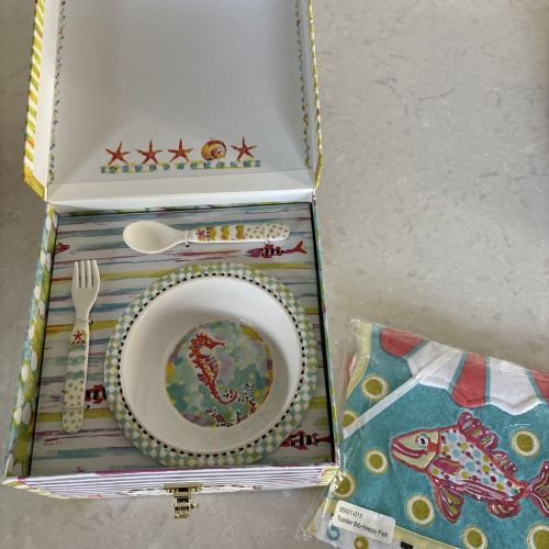 NIB Mackenzie-Chil<wbr/>ds Toddler Happy Fish Dinnerware 5pc. Set With Bib