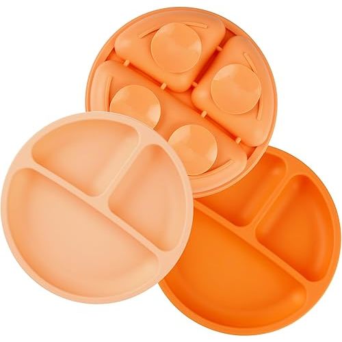 PandaEar 3 Pack Toddler Plates, Silicone Divided Suction Plate for Babies, BPA-Free 100% Food-Grade Silicone Unbreakable Baby Plate (Orange)