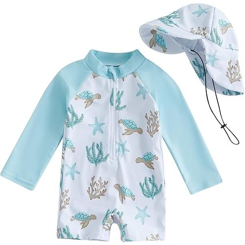Toddler Infant Baby Boy 4th of July Swimsuit Newborn Rash Guard Boys Girls One Piece Zipper Bathing Suit Swimwear with Hat