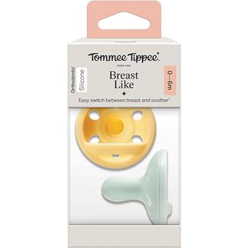Tommee Tippee Breast-Like Soother, Lightweight, One-Piece Silicone Design, Symmetrical Teat, 0-6m, 2 Pack