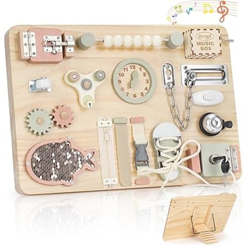 Joyreal Montessori Large Busy Board with Stand, Montessori Sensory Toys for Fine Motor Skills, Wooden Fidget Activity Board for Toddlers, Gifts for Boys Girls