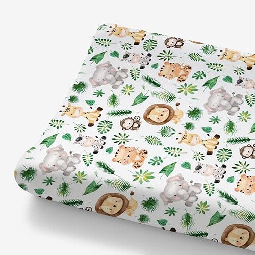 HawSkgFub African Safari Jungle Animal Eucalyptus Leaf Changing Pad Cover Baby Girl Boy, Giraffe Elephant Lion Palm Leaf Diaper Change Table Sheet, Stretchy Safe Snug Fitted Changing Mat 32"/34" x 16"