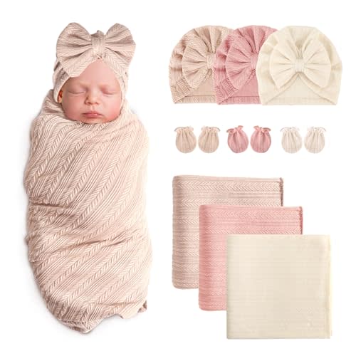 AQOKKA Newborn Receiving Blanket with Bow Hat Mittens Set Wheat-Pattern Newborns Toddler Baby Boy Girl Nursery Swaddle Wrap