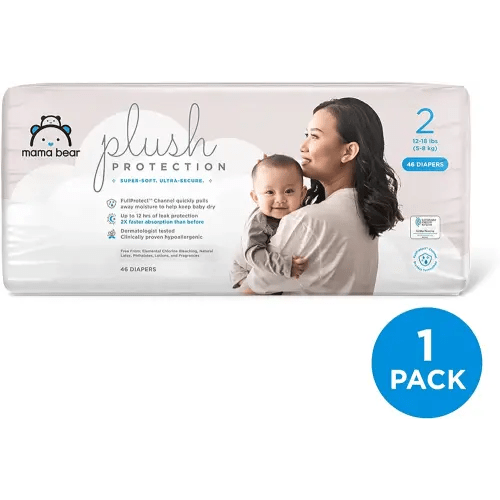 Amazon Brand - Mama Bear Plush Protection Diapers - Size 2, 46 Count, Hypoallergenic Premium Disposable Baby Diapers, White and Cloud Dreams