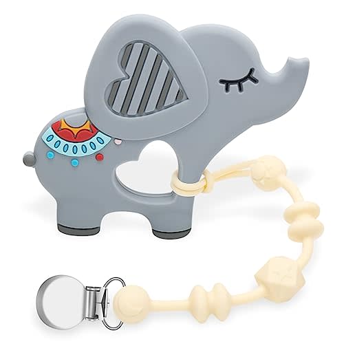 Baby Teething Toys for Babies 0-24 Months, Elephant Teether Pain Relief Toy with One Piece Design Pacifier Clip Holder Set, Freezer Safe Neutral Shower Gift for Boys and Girls (Gray)