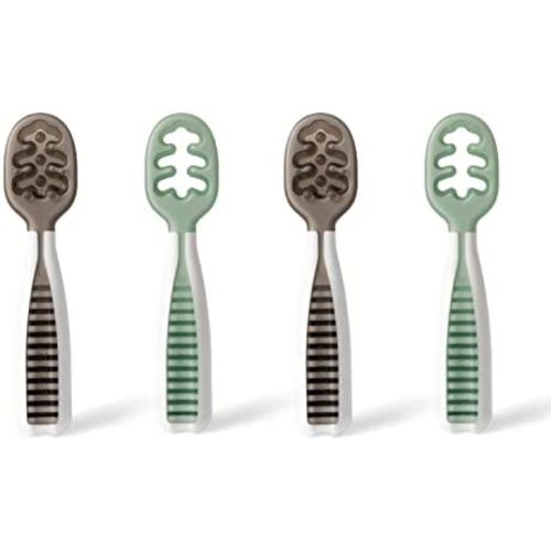NumNum Pre-Spoon GOOtensils | Baby Spoon Set (Stage 1 + Stage 2) | BPA Free Silicone Self Feeding Toddler Utensils | For Kids Ages 6 Months+, 2-Pack (Four Spoons), Storm Gray/Glacier Green
