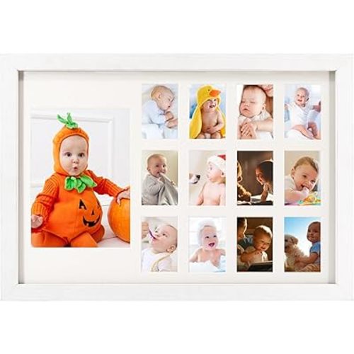 12 Month Picture Frame Baby First Years Photo Frames School Years Graduation Photo Collage White Horizontal Frame with Mat, Displays One 5x7 Photo and Twelve 2x3 Pictures