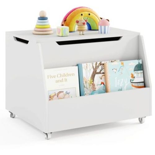 Costway Kids Toy Box Wooden Mobile Toy Storage Organizer with Bookshelf & Lockable Wheels White