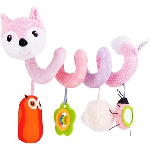 Jollybaby Baby Car Seat Stroller Toys, Plush Activity Hanging Spiral Activity Pram Crib with Music Box, Rattles, Squeaker for Babies Infant Boys Girls(Pink Fox)