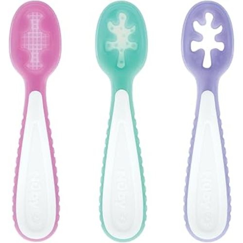 Nuby Baby's First Spoons Set - (3-Pack) Feeding Utensils for Babies - 6+ Months - Pink/Aqua/Purple