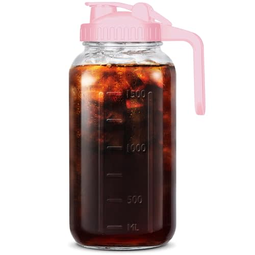 UYEIKMLOP Mason Jar Pitcher, 64 OZ Breast Milk Pitcher Double Leak Proof with Pour Spout Handle, Wide Mouth Iced Tea Pitcher for Fridge, Creamer Container for Coffee, Sun Tea juice (Pink,1 Pack)